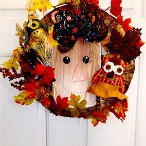 18 inch handmade scarecrow and owl fall wreath